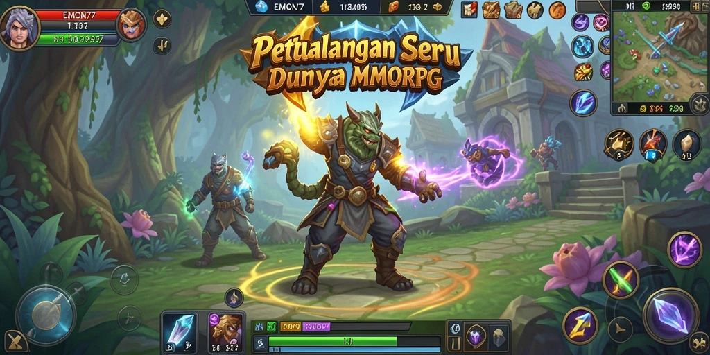 Screenshot gameplay EMON77 dengan pertarungan seru dan interaksi pemain.