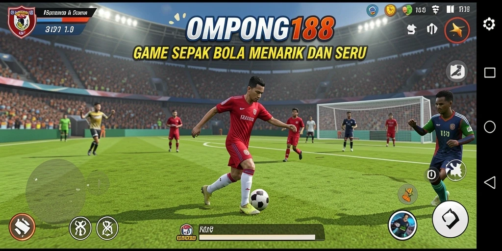 Screenshot gameplay OMPONG188 menunjukkan aksi seru di lapangan sepak bola.