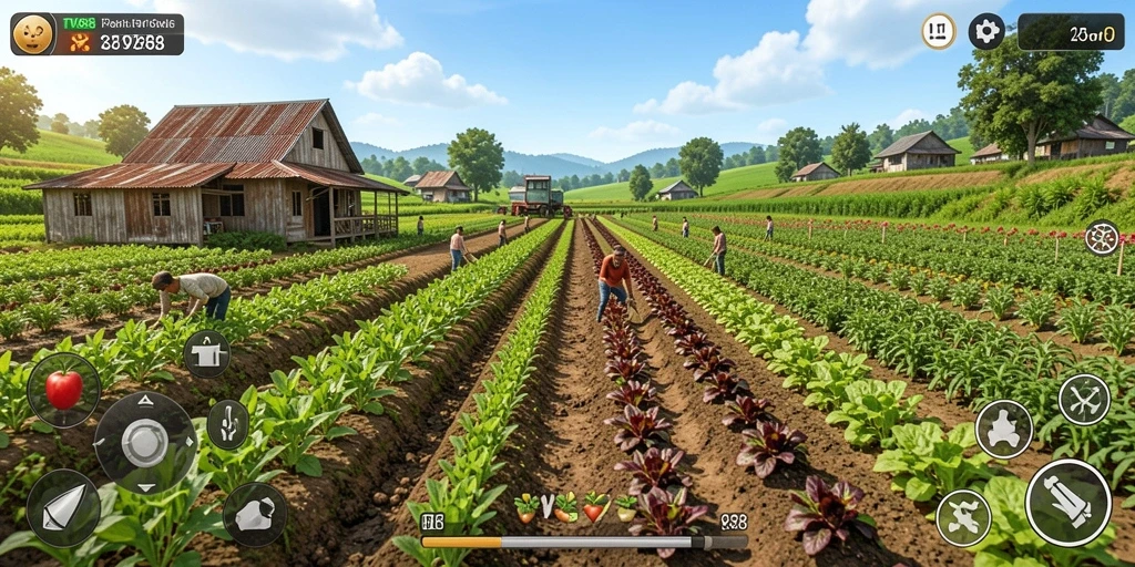 Screenshot gameplay TV888 menampilkan petani yang sedang merawat tanaman.