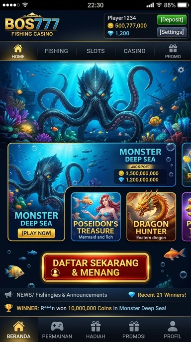 Screenshot aplikasi bos777 menampilkan kategori dan pilihan aplikasi terkini.